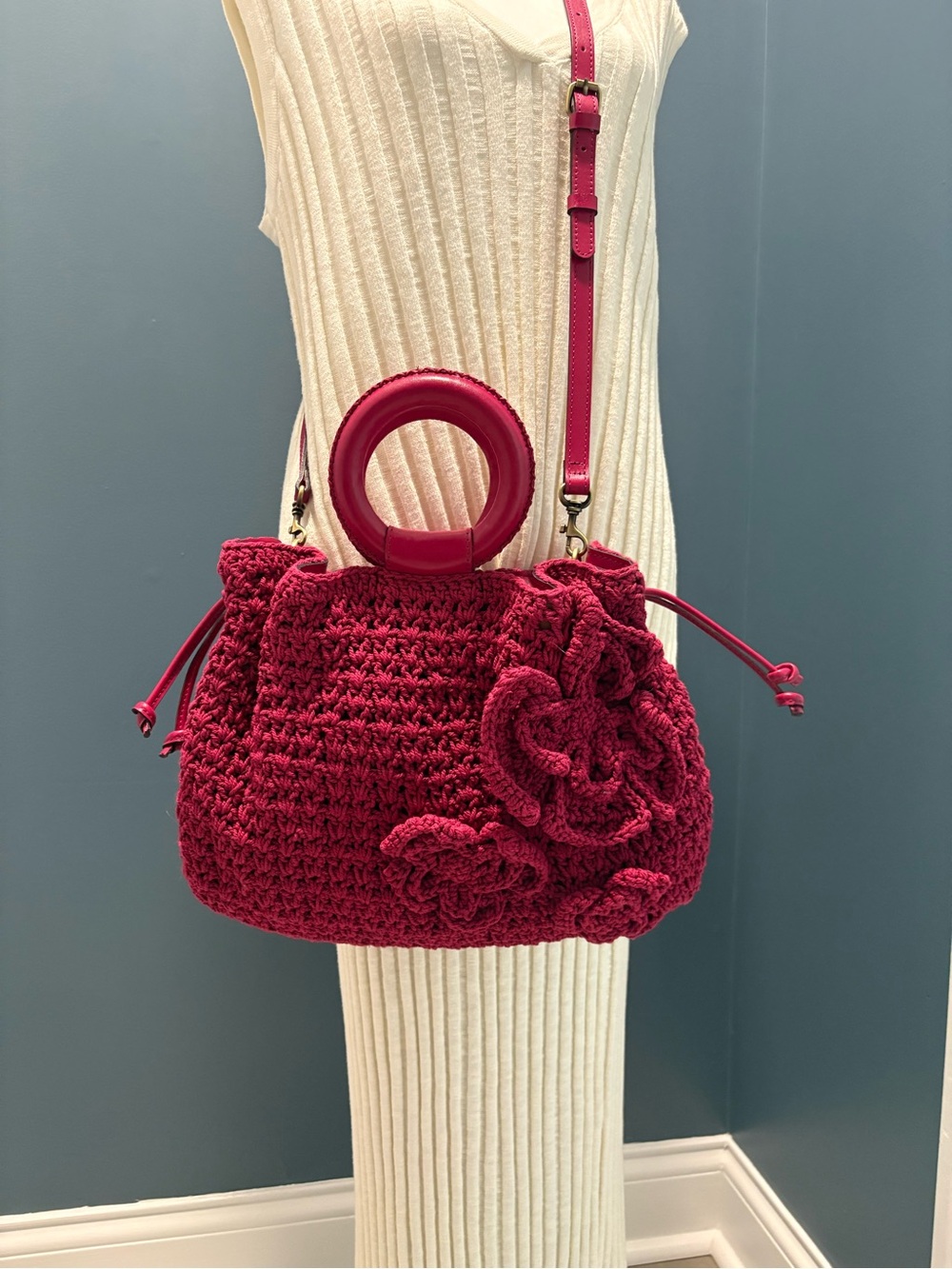 Patricia Nash  Crochet Floral Drawstring Bag in Deep Berry Red